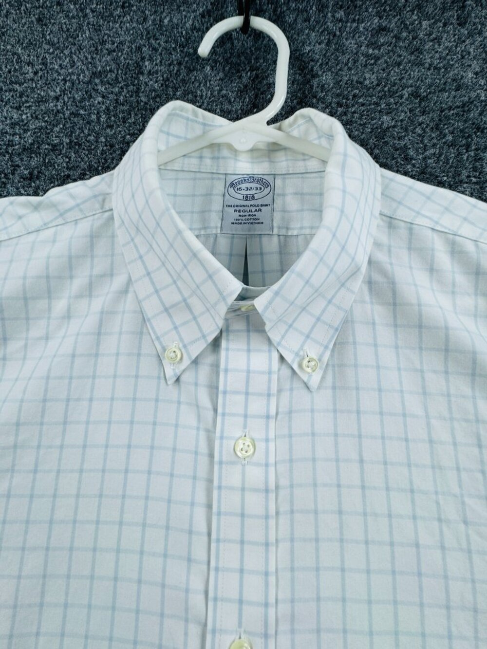 Brooks Brothers Check White Blue Non-Iron Button-Down 16 32/33 Shirt Pocket Mens